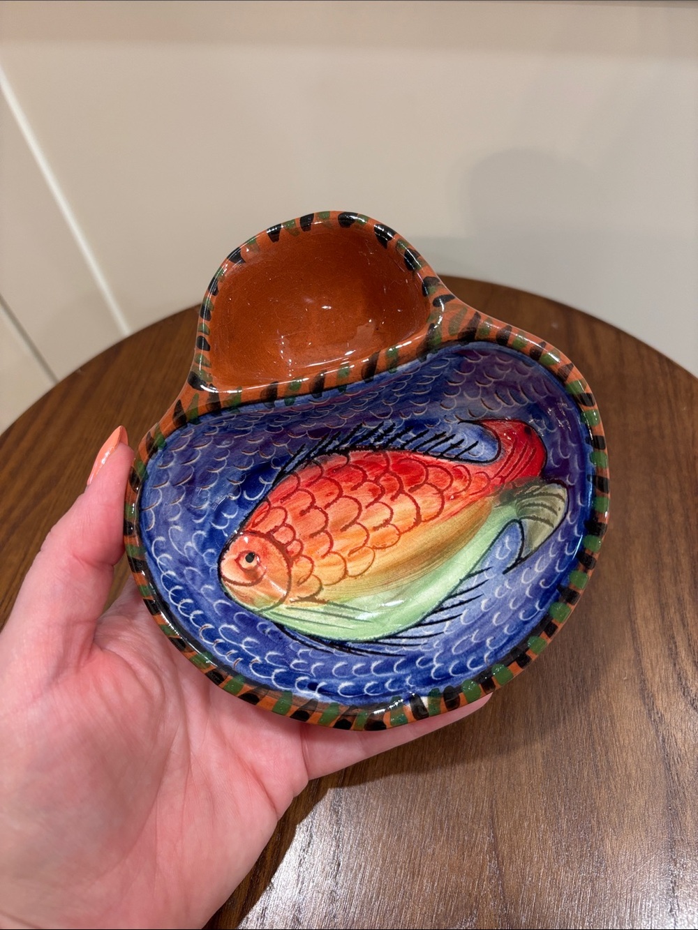 Hand-Painted Blue Fish Ceramic Bowl with Orange Accent - Pets Fish